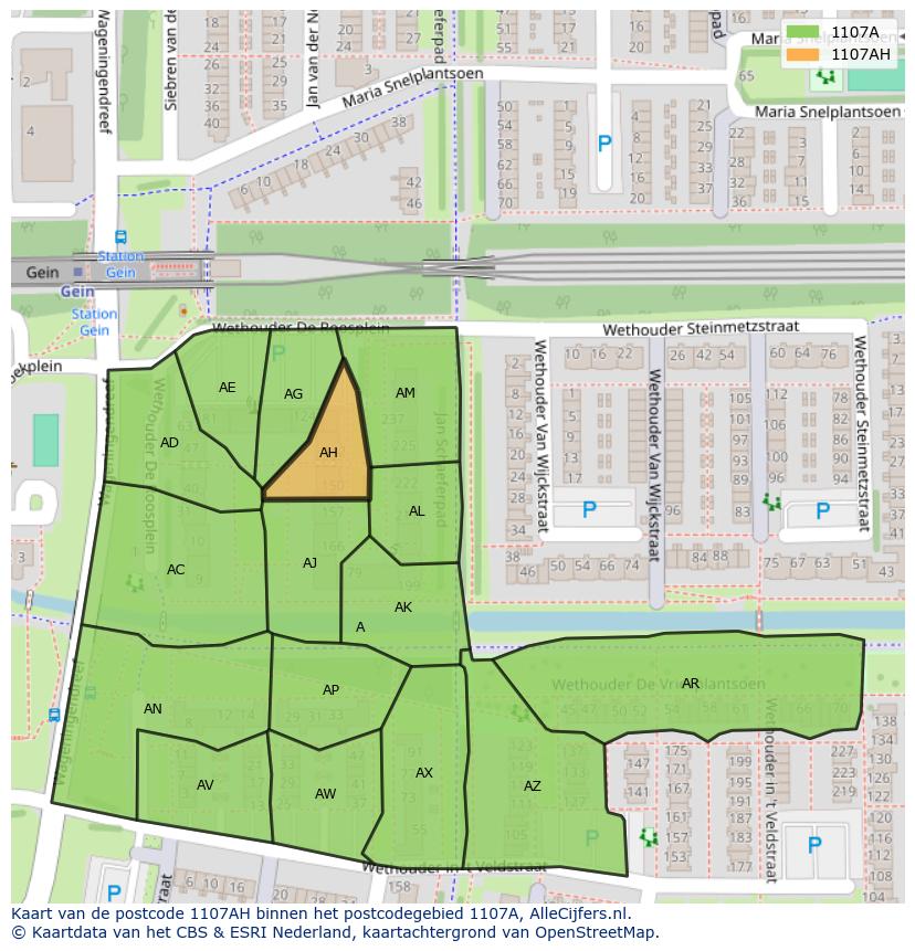 Afbeelding van het postcodegebied 1107 AH op de kaart.