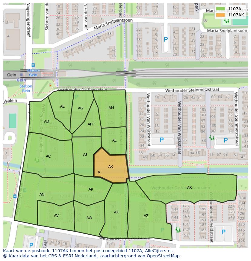 Afbeelding van het postcodegebied 1107 AK op de kaart.