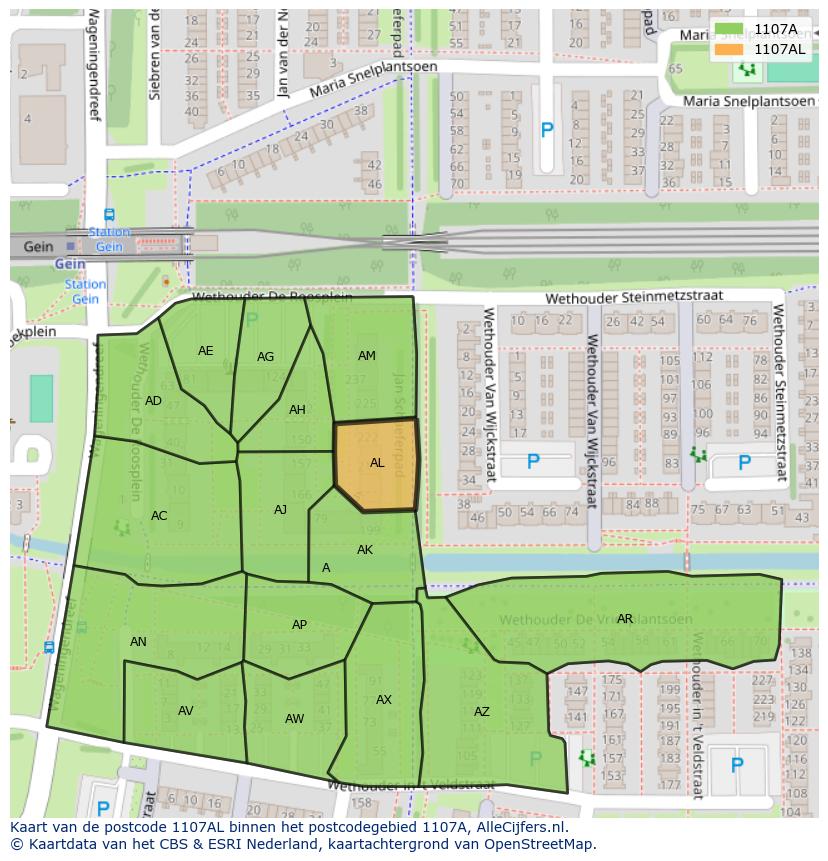 Afbeelding van het postcodegebied 1107 AL op de kaart.