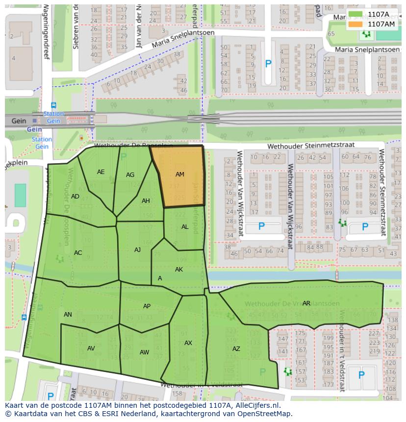 Afbeelding van het postcodegebied 1107 AM op de kaart.