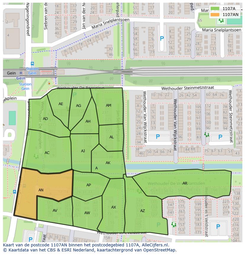 Afbeelding van het postcodegebied 1107 AN op de kaart.