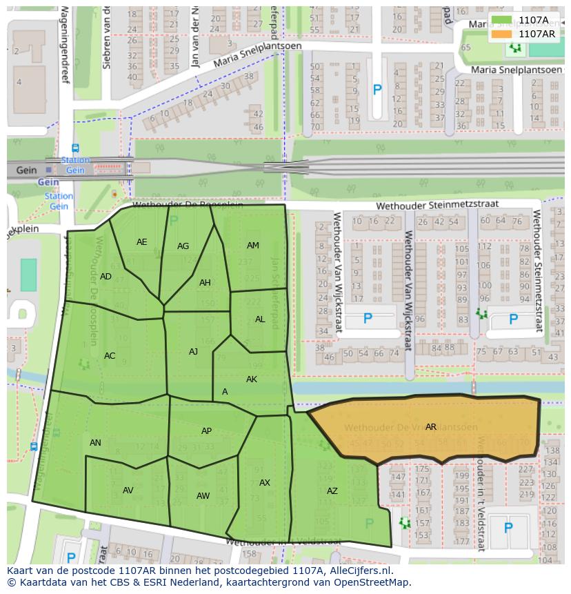 Afbeelding van het postcodegebied 1107 AR op de kaart.
