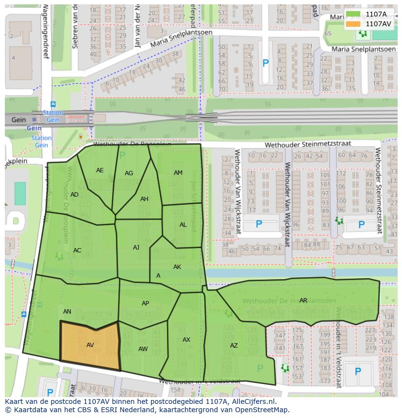 Afbeelding van het postcodegebied 1107 AV op de kaart.