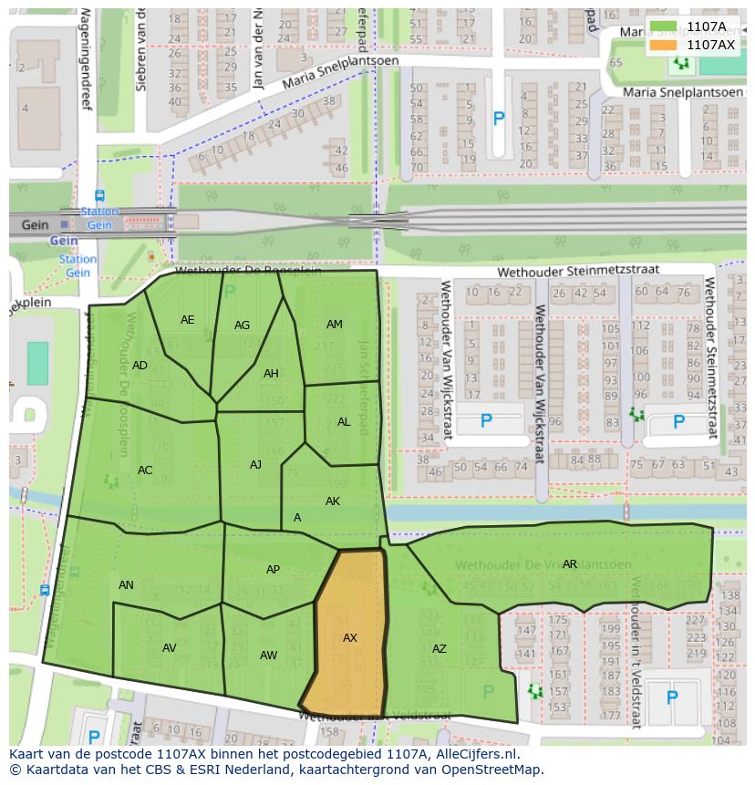 Afbeelding van het postcodegebied 1107 AX op de kaart.