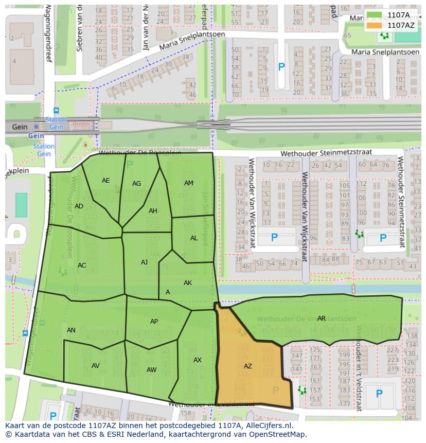 Afbeelding van het postcodegebied 1107 AZ op de kaart.