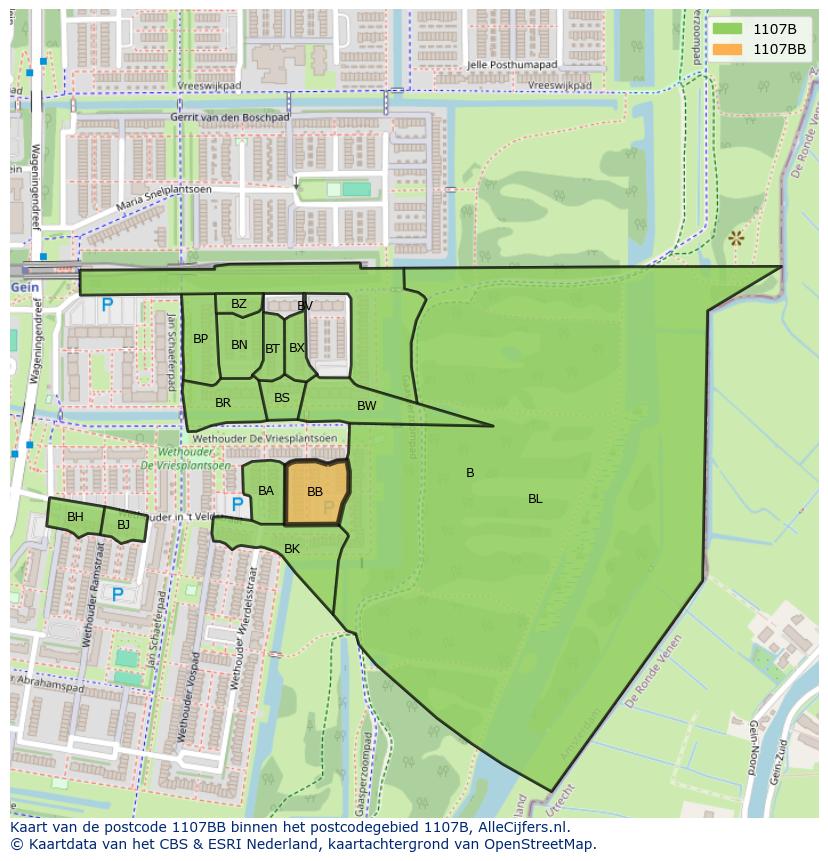 Afbeelding van het postcodegebied 1107 BB op de kaart.