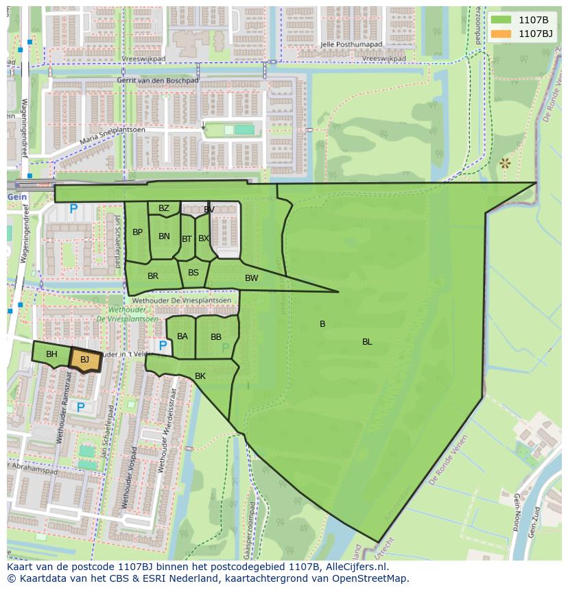 Afbeelding van het postcodegebied 1107 BJ op de kaart.