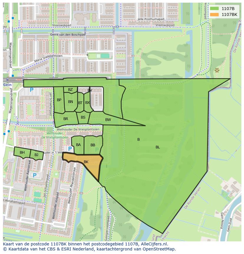Afbeelding van het postcodegebied 1107 BK op de kaart.