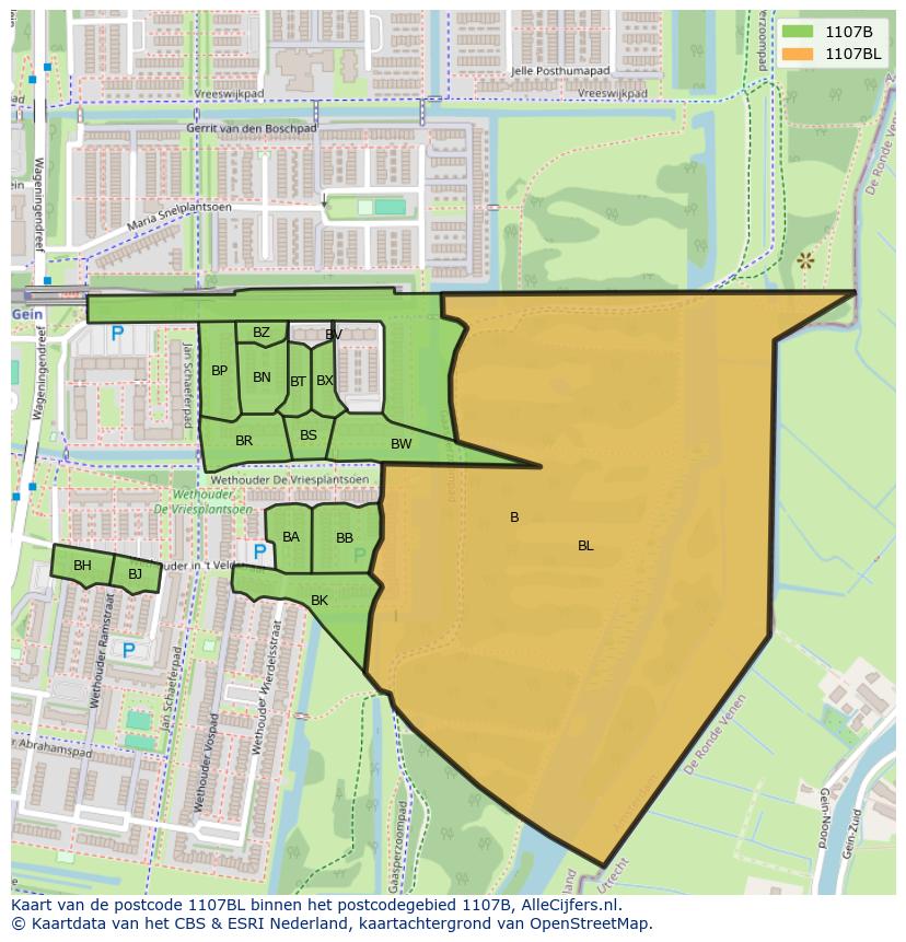 Afbeelding van het postcodegebied 1107 BL op de kaart.