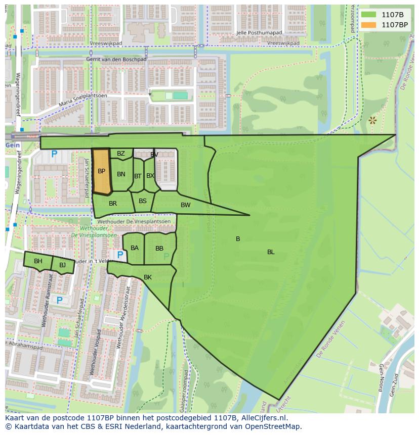 Afbeelding van het postcodegebied 1107 BP op de kaart.