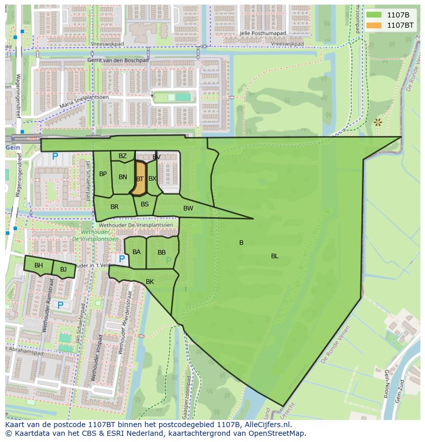 Afbeelding van het postcodegebied 1107 BT op de kaart.