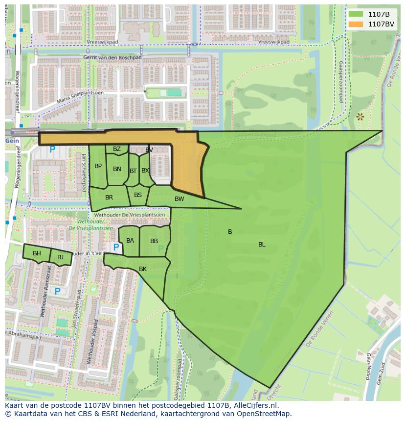 Afbeelding van het postcodegebied 1107 BV op de kaart.