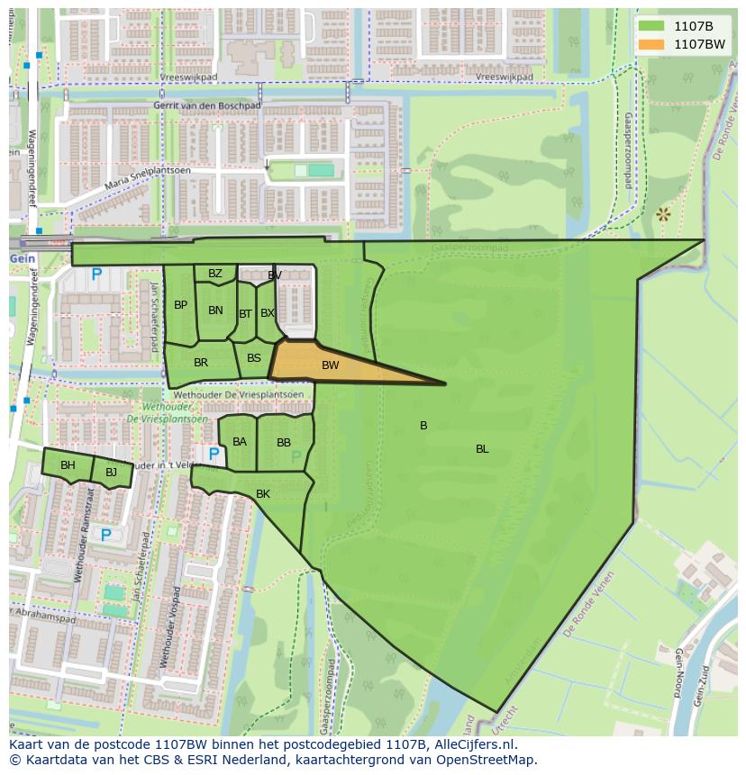 Afbeelding van het postcodegebied 1107 BW op de kaart.