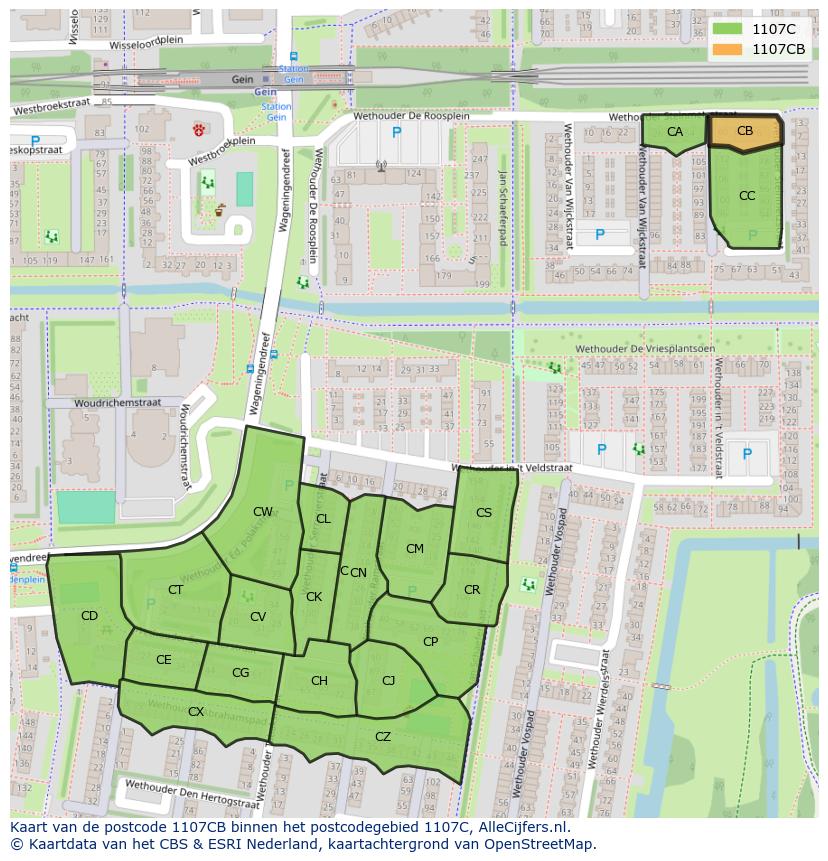 Afbeelding van het postcodegebied 1107 CB op de kaart.