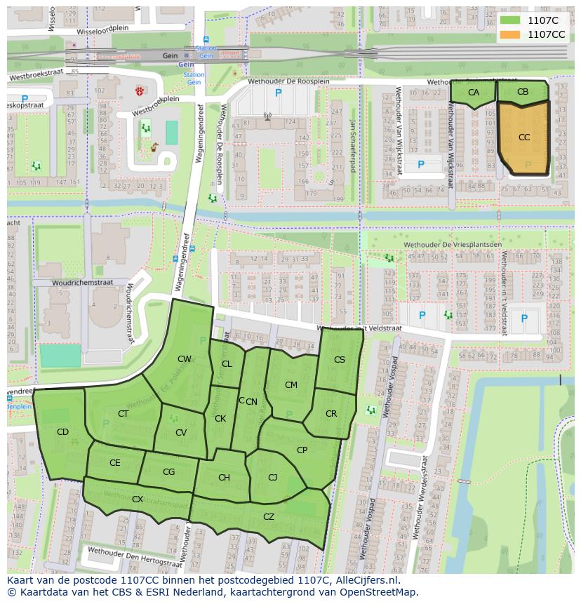 Afbeelding van het postcodegebied 1107 CC op de kaart.