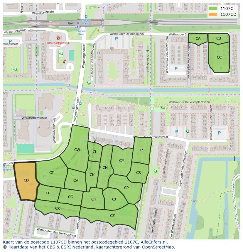Afbeelding van het postcodegebied 1107 CD op de kaart.