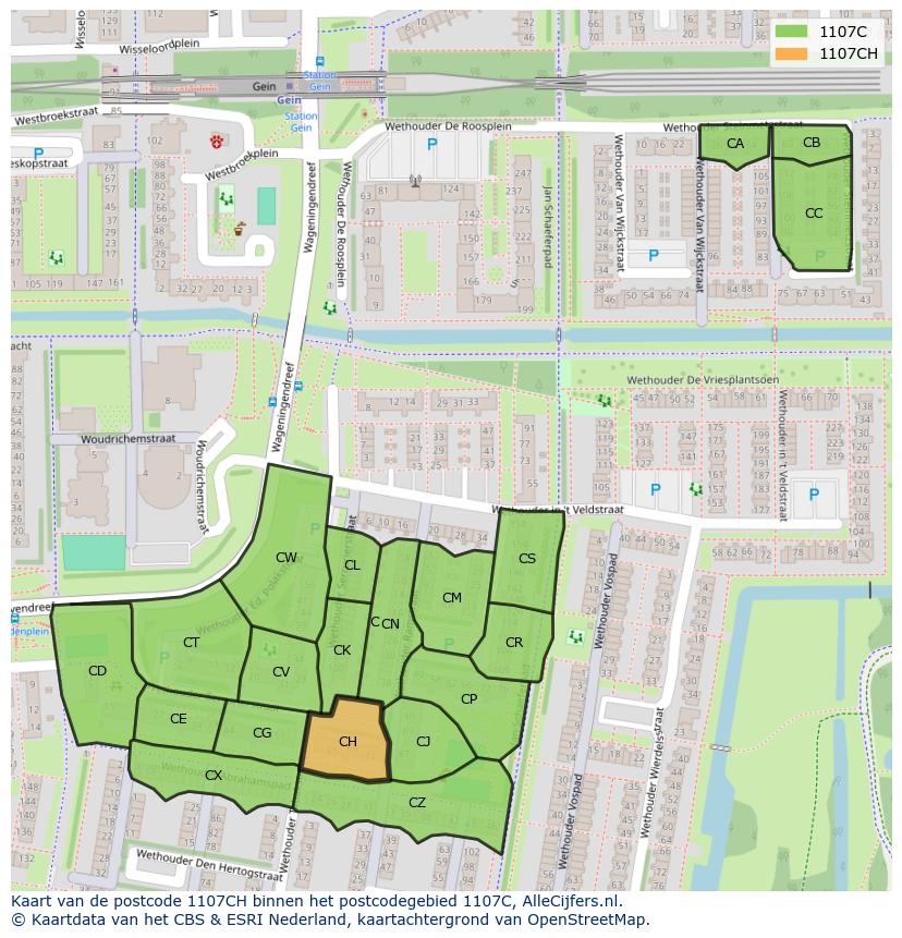 Afbeelding van het postcodegebied 1107 CH op de kaart.