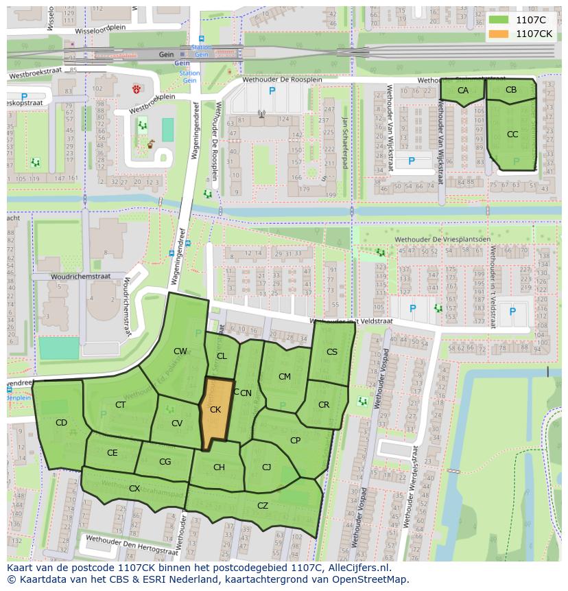 Afbeelding van het postcodegebied 1107 CK op de kaart.