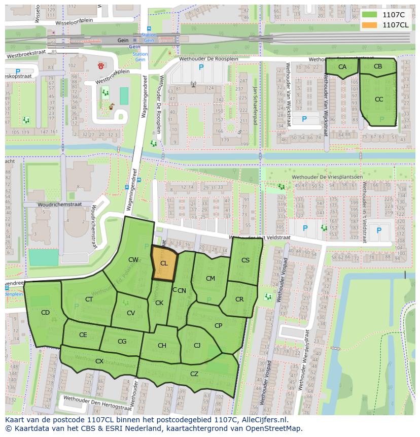 Afbeelding van het postcodegebied 1107 CL op de kaart.