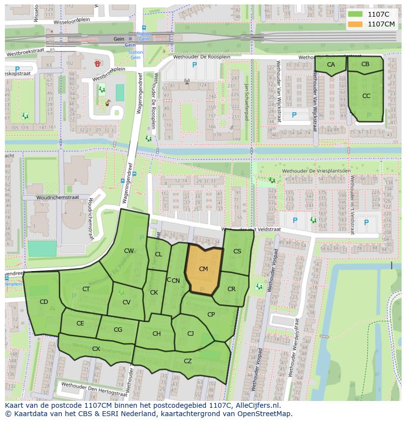 Afbeelding van het postcodegebied 1107 CM op de kaart.