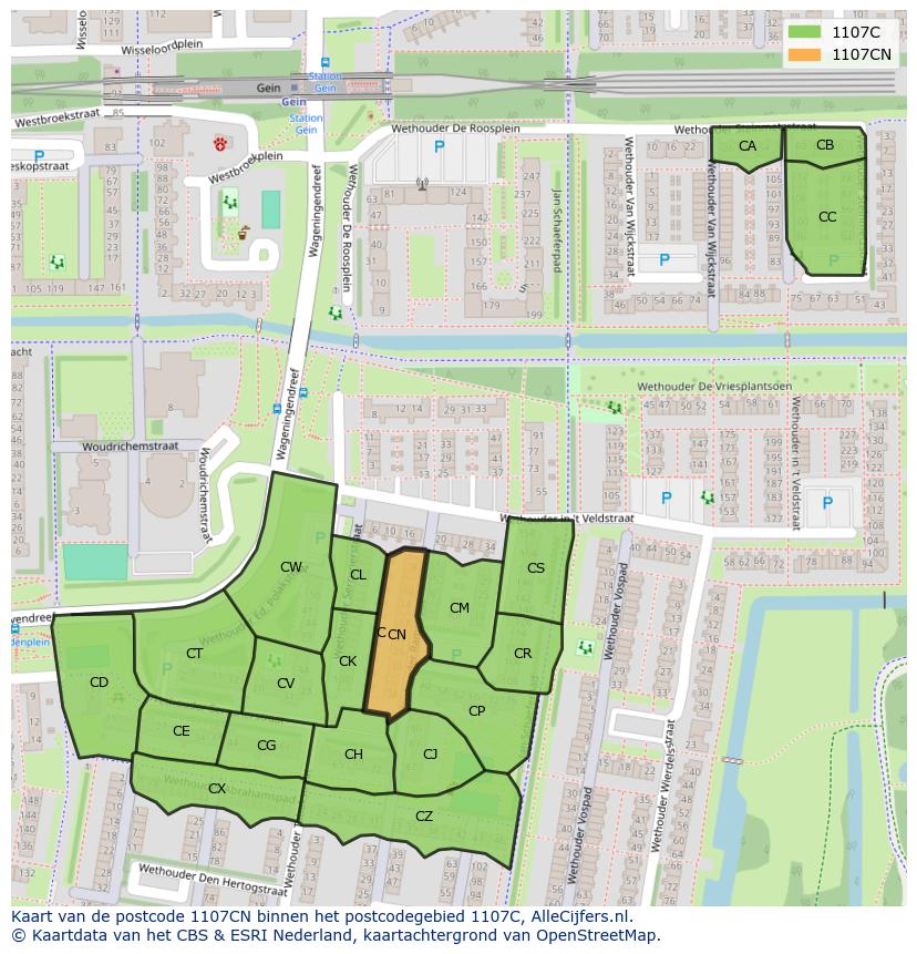 Afbeelding van het postcodegebied 1107 CN op de kaart.