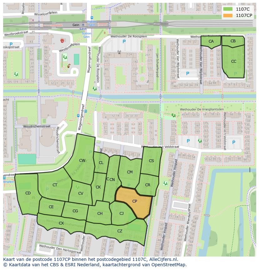 Afbeelding van het postcodegebied 1107 CP op de kaart.