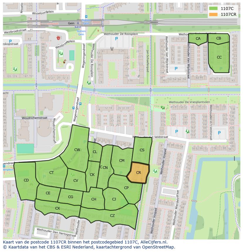 Afbeelding van het postcodegebied 1107 CR op de kaart.