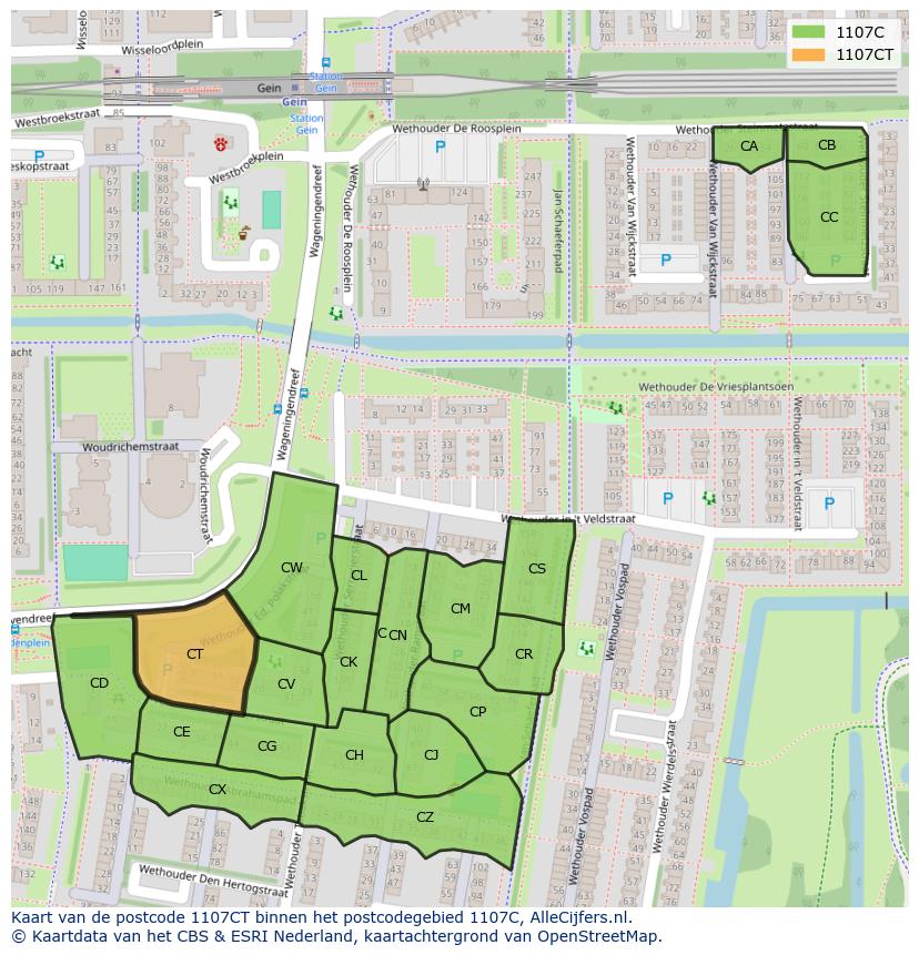 Afbeelding van het postcodegebied 1107 CT op de kaart.