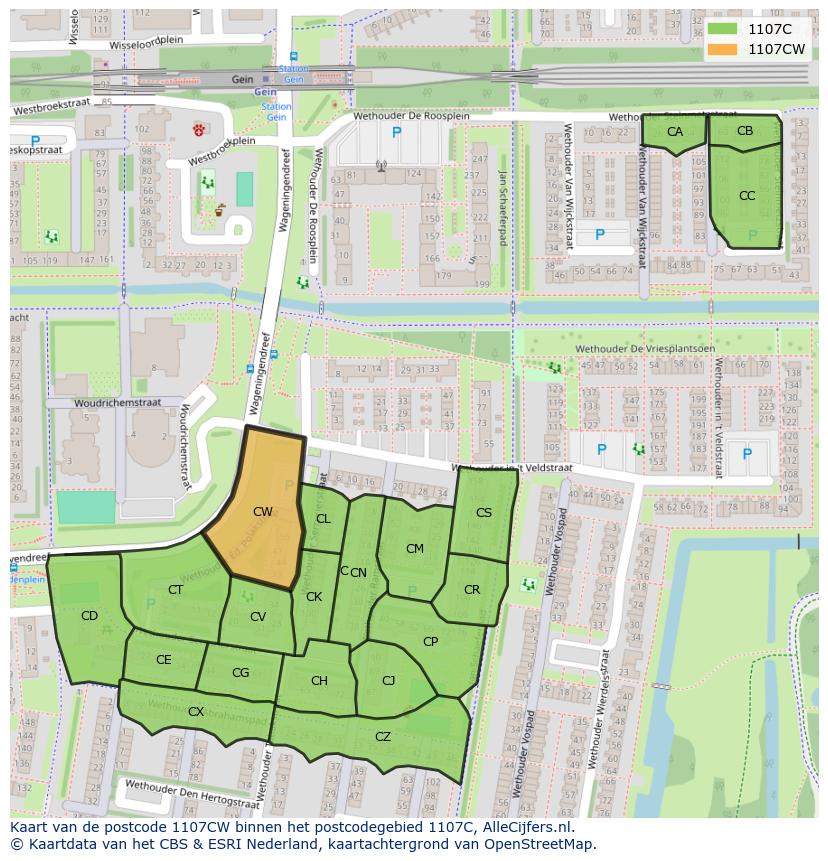 Afbeelding van het postcodegebied 1107 CW op de kaart.