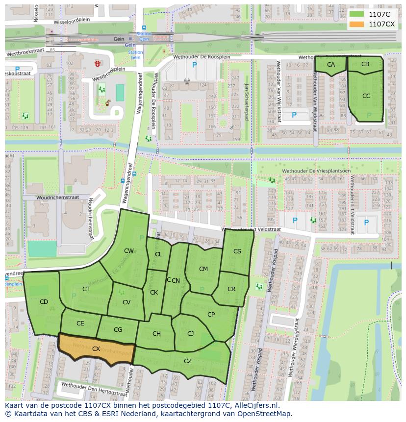 Afbeelding van het postcodegebied 1107 CX op de kaart.