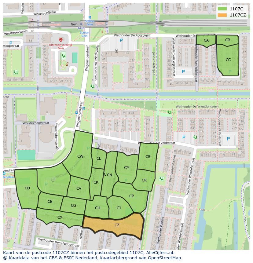 Afbeelding van het postcodegebied 1107 CZ op de kaart.