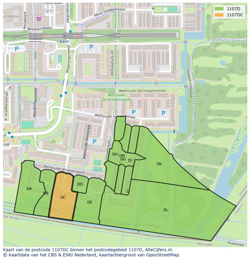 Afbeelding van het postcodegebied 1107 DC op de kaart.