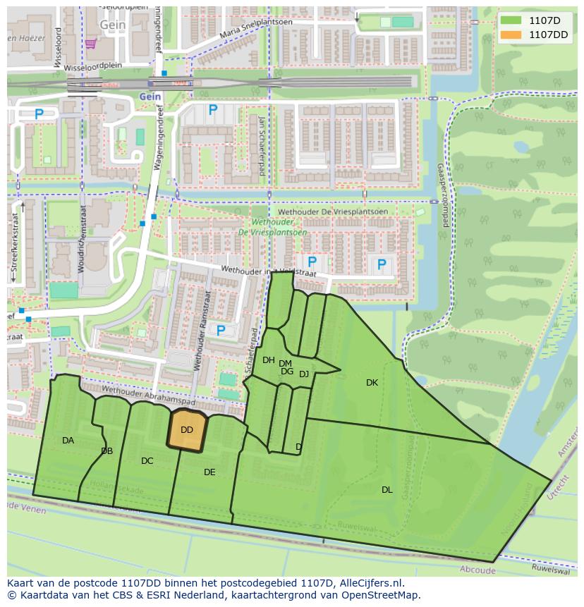 Afbeelding van het postcodegebied 1107 DD op de kaart.