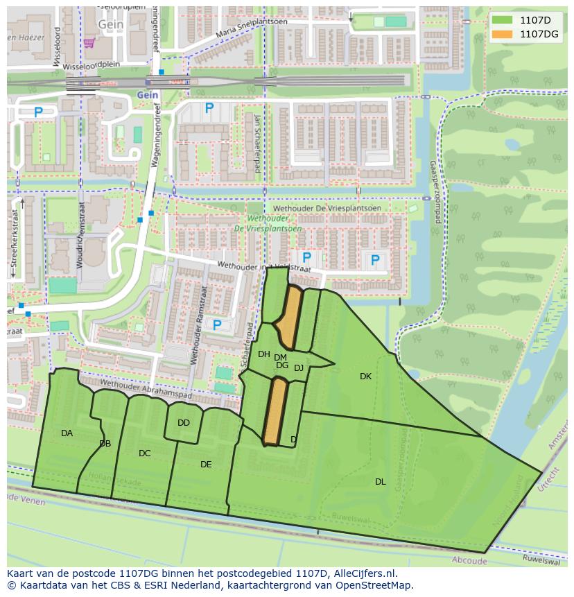 Afbeelding van het postcodegebied 1107 DG op de kaart.