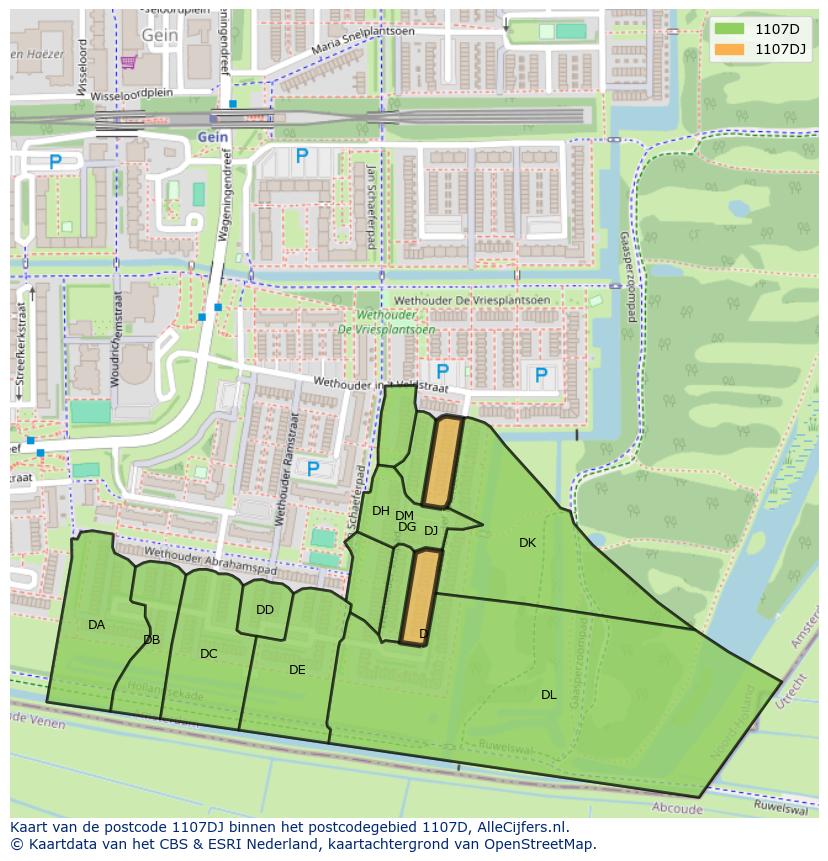 Afbeelding van het postcodegebied 1107 DJ op de kaart.