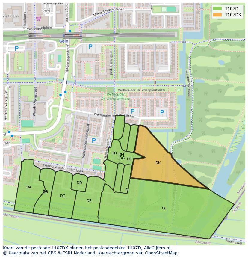Afbeelding van het postcodegebied 1107 DK op de kaart.