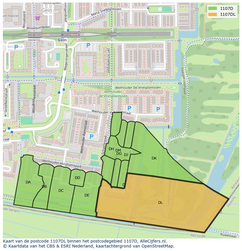 Afbeelding van het postcodegebied 1107 DL op de kaart.
