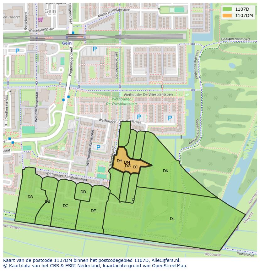 Afbeelding van het postcodegebied 1107 DM op de kaart.