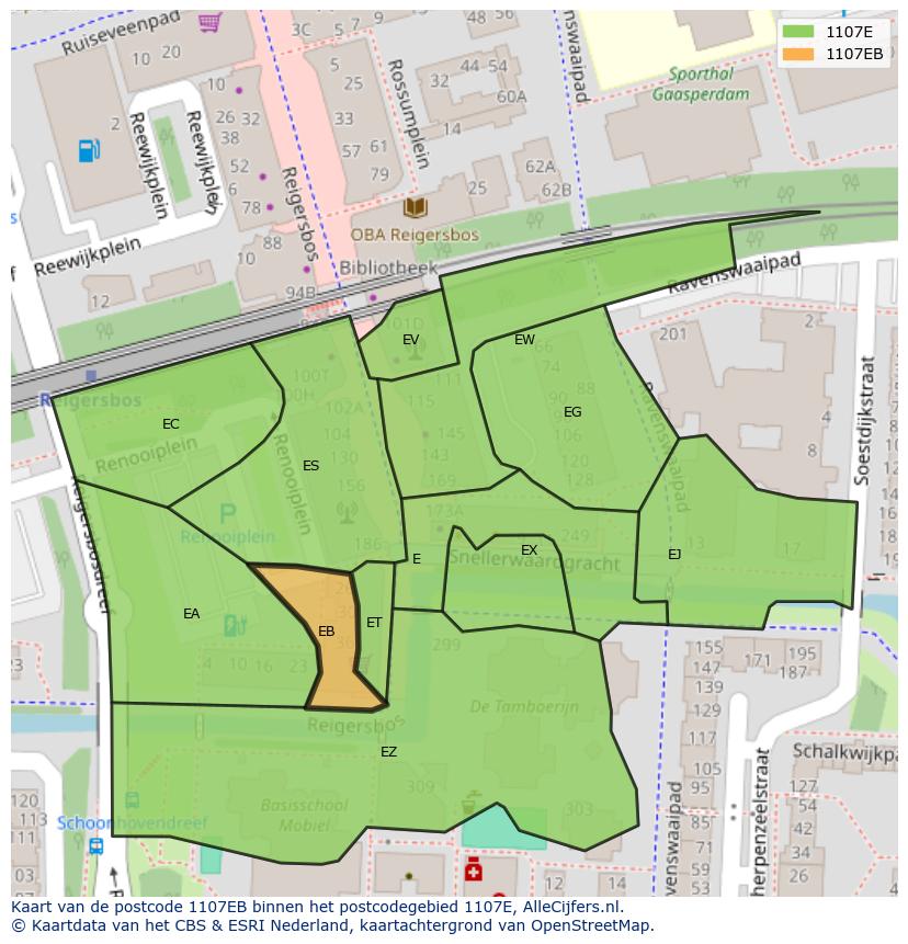 Afbeelding van het postcodegebied 1107 EB op de kaart.