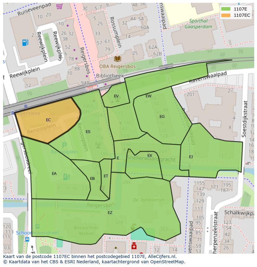Afbeelding van het postcodegebied 1107 EC op de kaart.