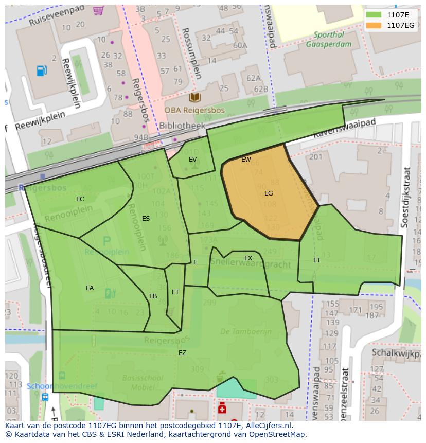 Afbeelding van het postcodegebied 1107 EG op de kaart.