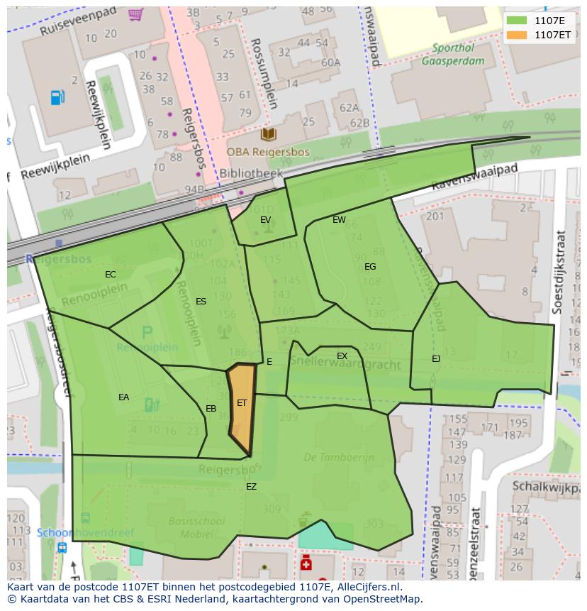 Afbeelding van het postcodegebied 1107 ET op de kaart.