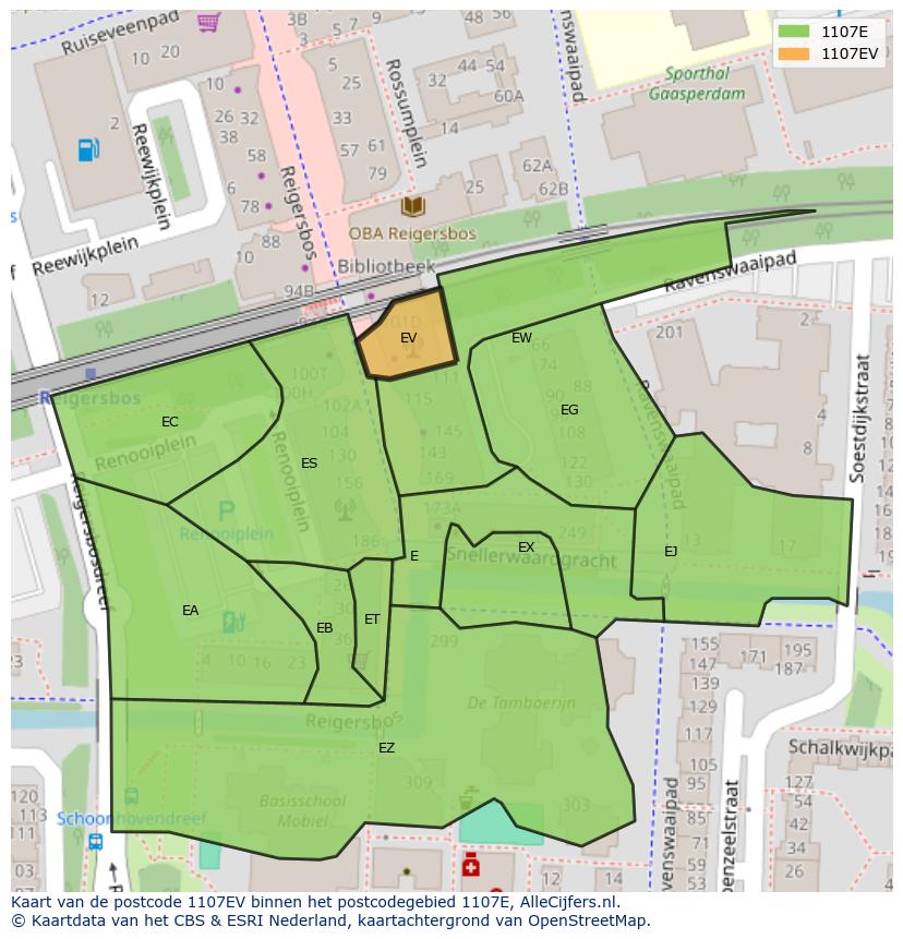 Afbeelding van het postcodegebied 1107 EV op de kaart.