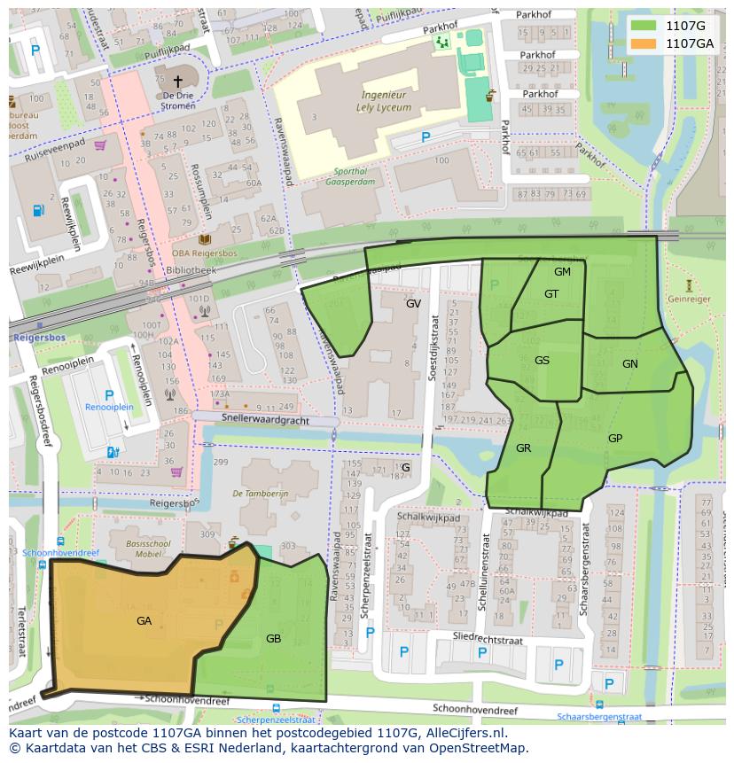 Afbeelding van het postcodegebied 1107 GA op de kaart.