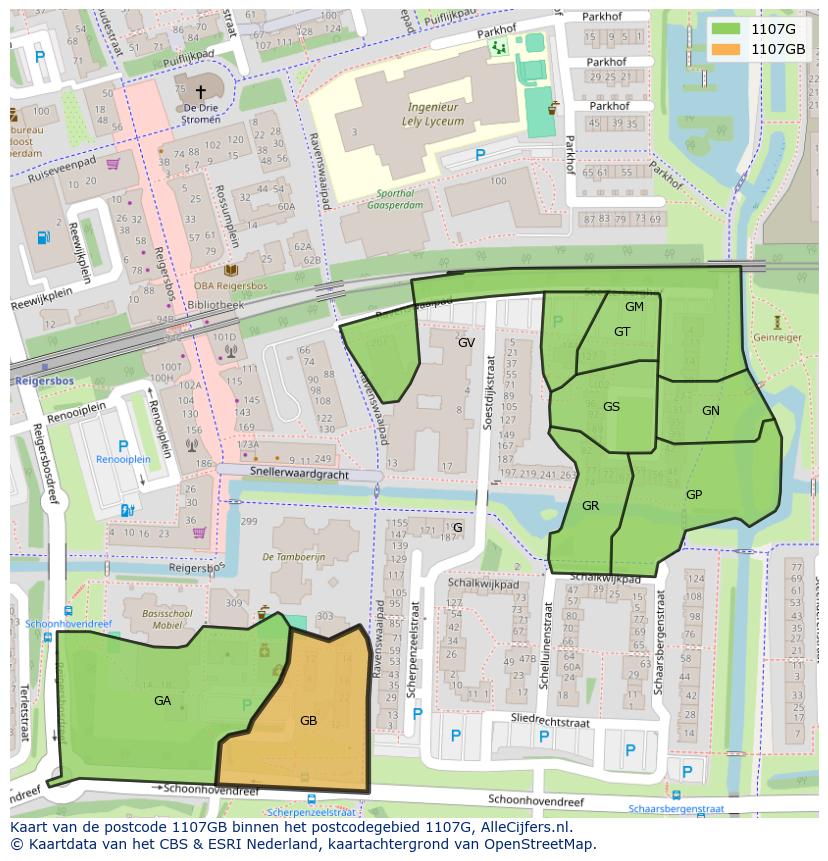 Afbeelding van het postcodegebied 1107 GB op de kaart.