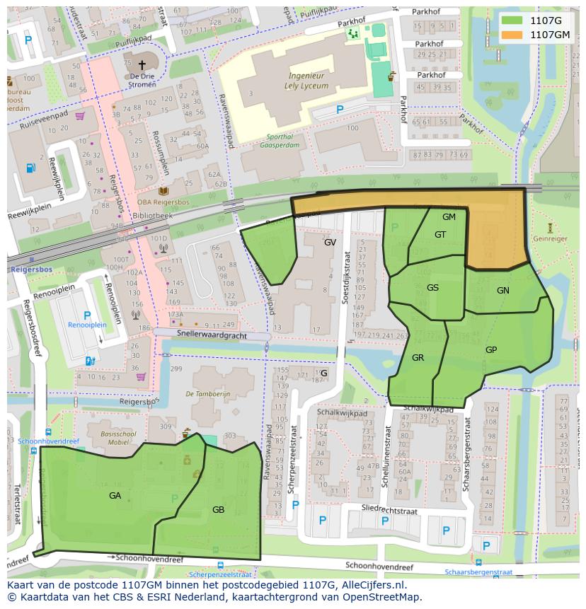 Afbeelding van het postcodegebied 1107 GM op de kaart.