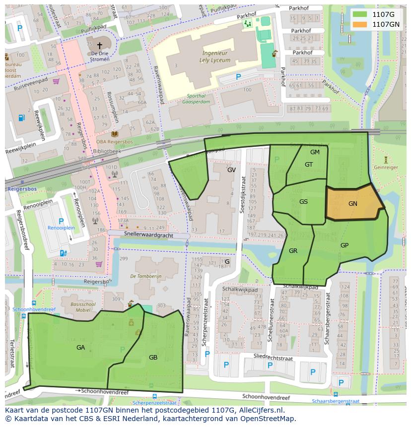 Afbeelding van het postcodegebied 1107 GN op de kaart.
