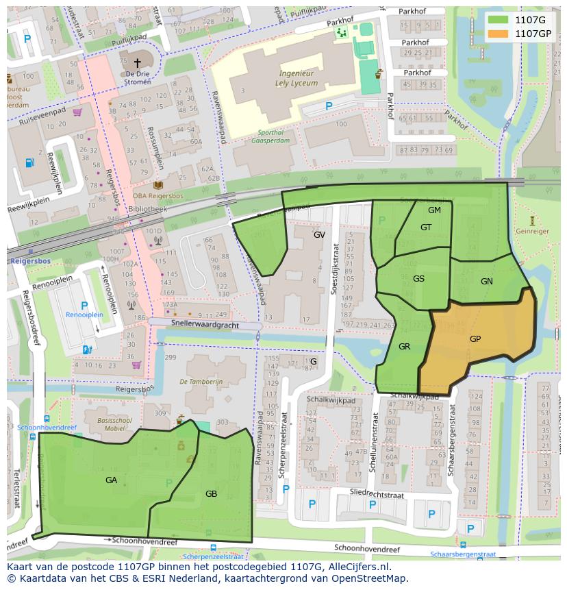 Afbeelding van het postcodegebied 1107 GP op de kaart.