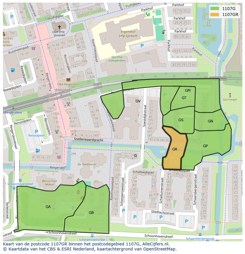 Afbeelding van het postcodegebied 1107 GR op de kaart.