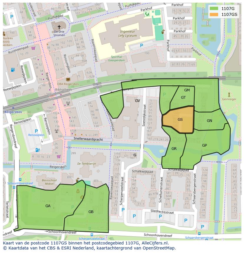 Afbeelding van het postcodegebied 1107 GS op de kaart.
